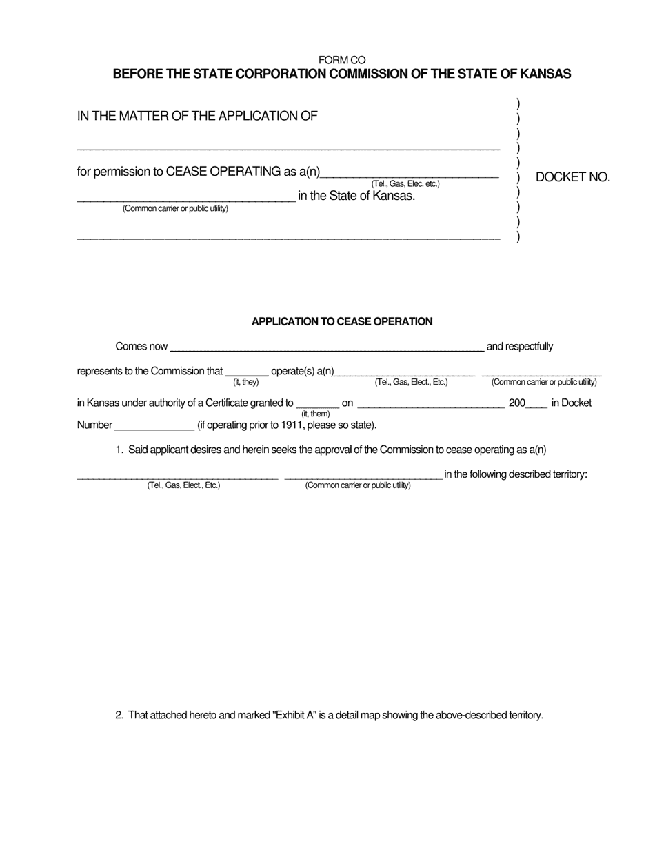 Form CO Application to Cease Operation - Kansas, Page 1