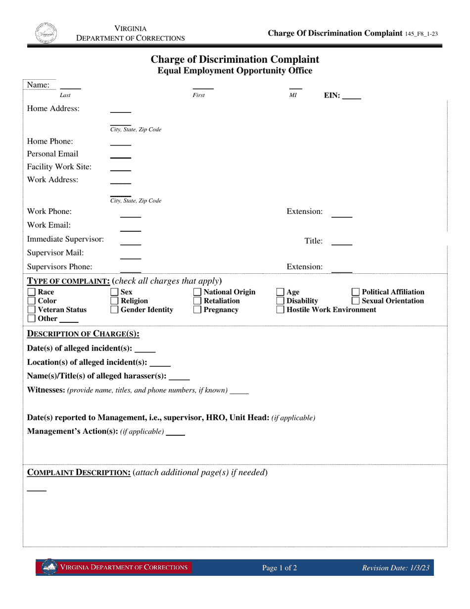 Form 8 Charge of Discrimination Complaint - Virginia, Page 1