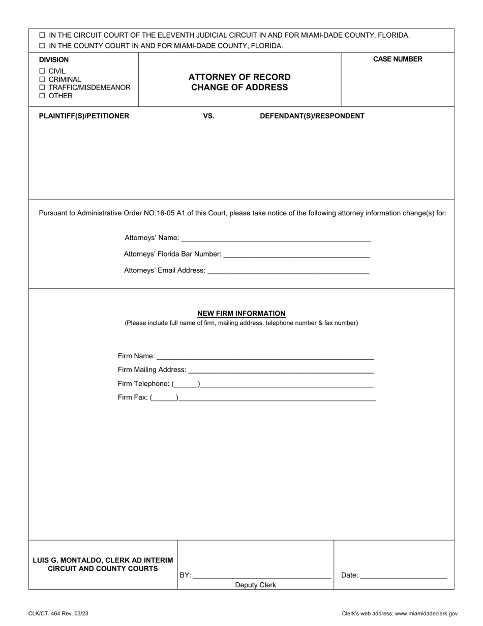 Form CLK / CT.464 Attorney of Record Change of Address - Miami-Dade County, Florida, Page 1