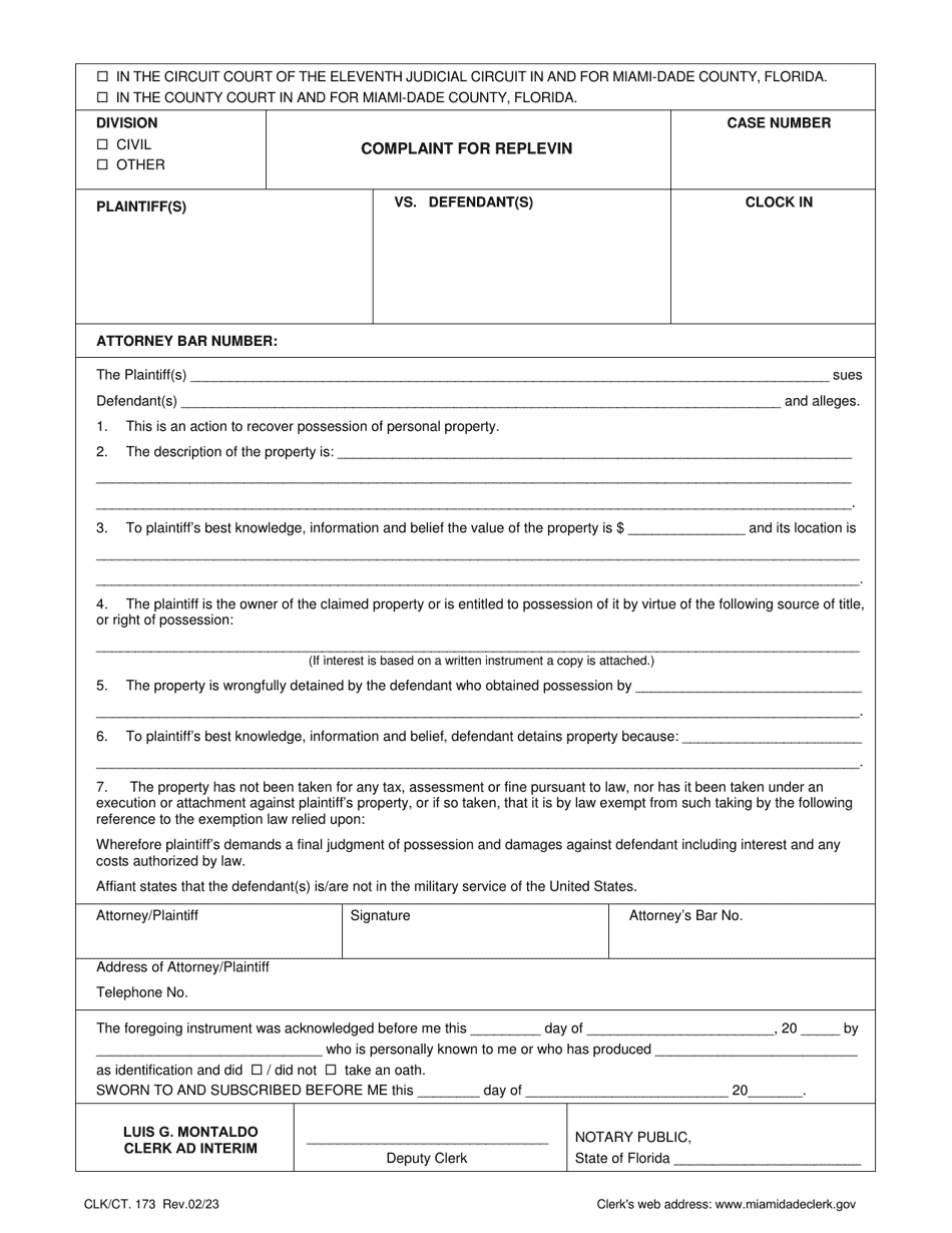 Form CLK / CT.173 Complaint for Replevin - Miami-Dade County, Florida, Page 1