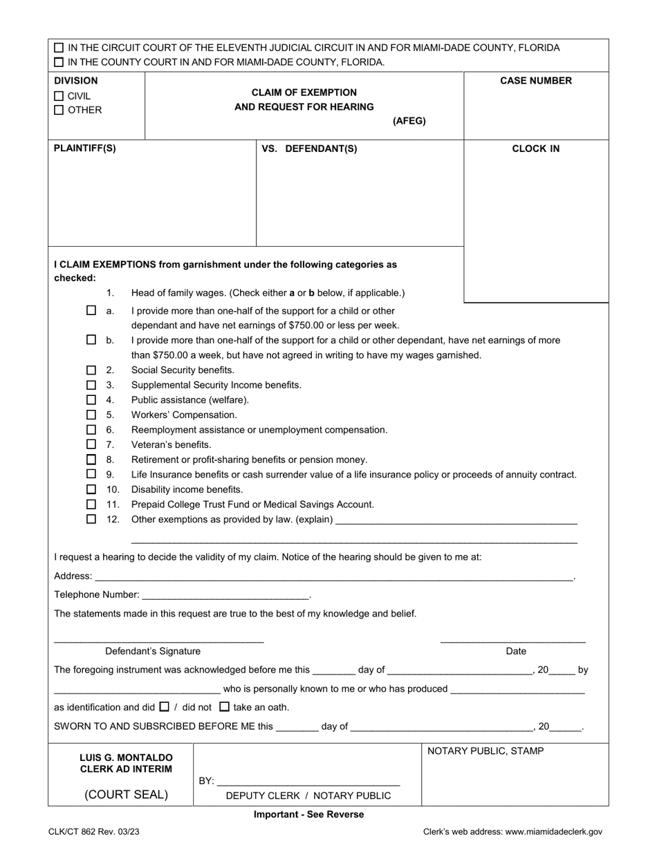 Form CLK / CT862 Claim of Exemption and Request for Hearing - Miami-Dade County, Florida, Page 1