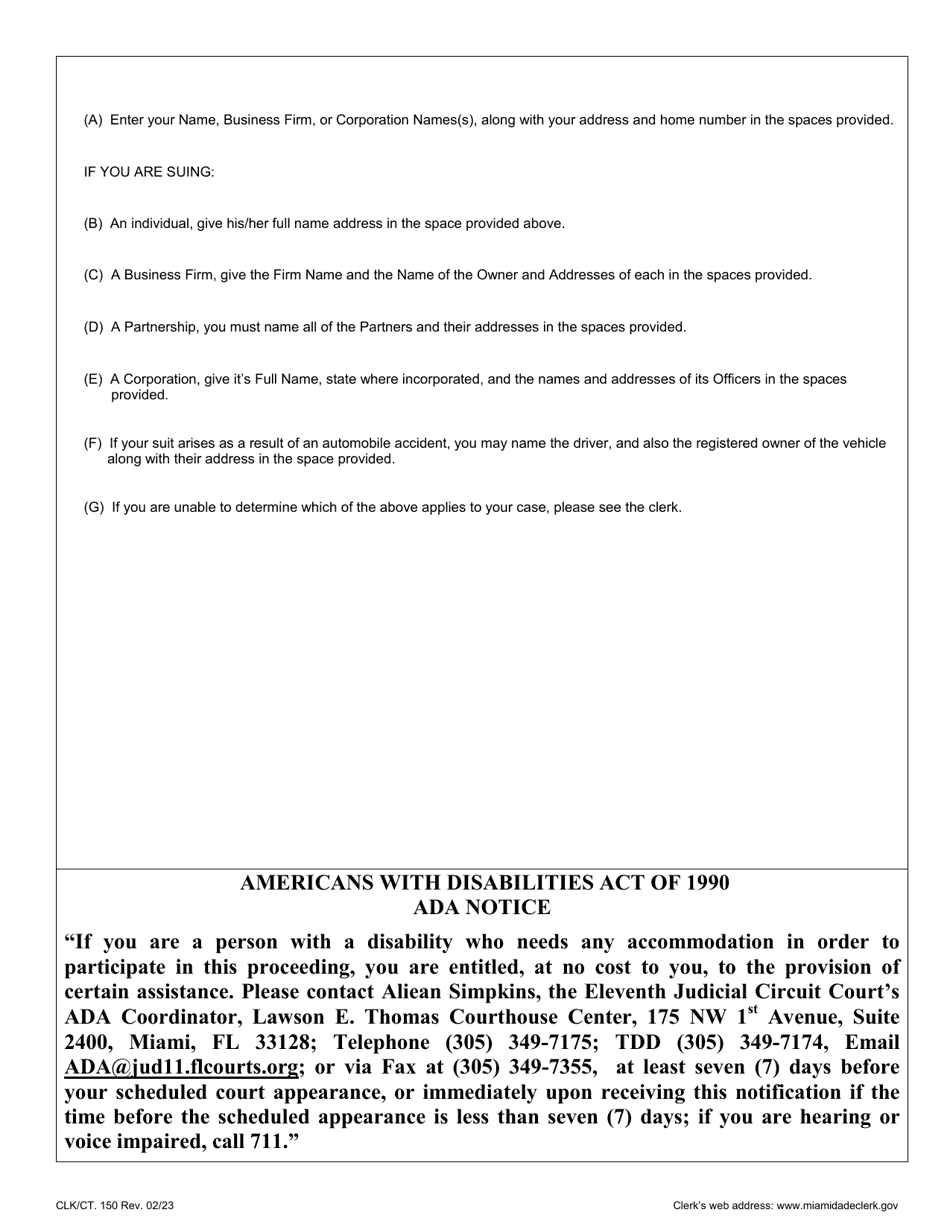 Form CLK / CT.150 Plaintiff Statement - Miami-Dade County, Florida, Page 2