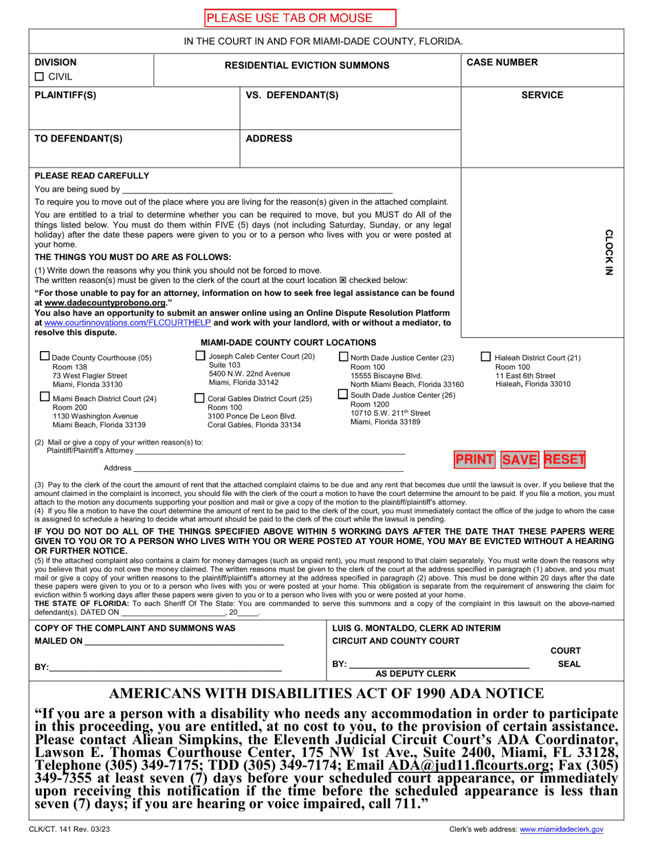 Form CLK / CT.141 Residential Eviction Summons - Miami-Dade County, Florida (English / Spanish / French / Haitian Creole), Page 1