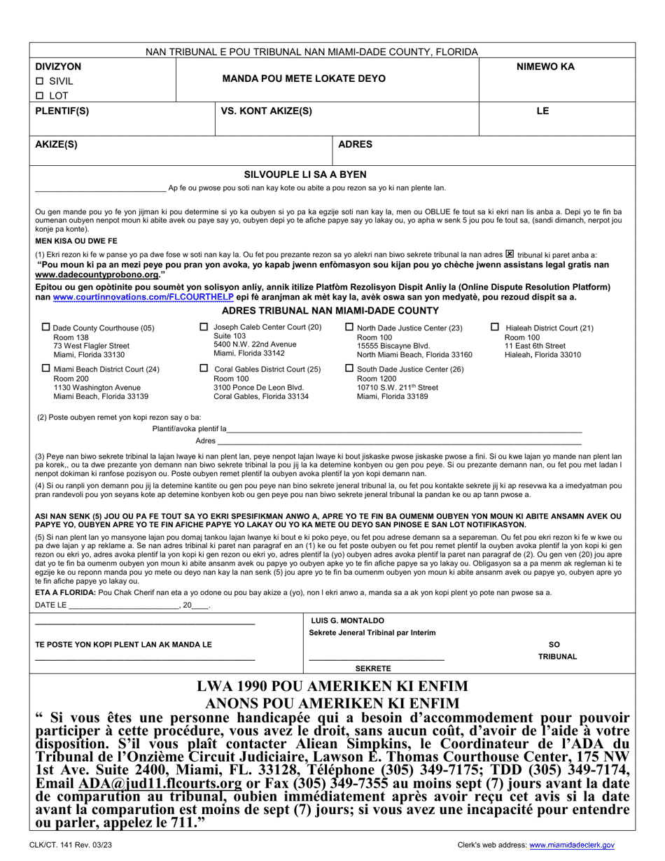 Form CLK / CT.141 Residential Eviction Summons - Miami-Dade County, Florida (English / Spanish / French / Haitian Creole), Page 4