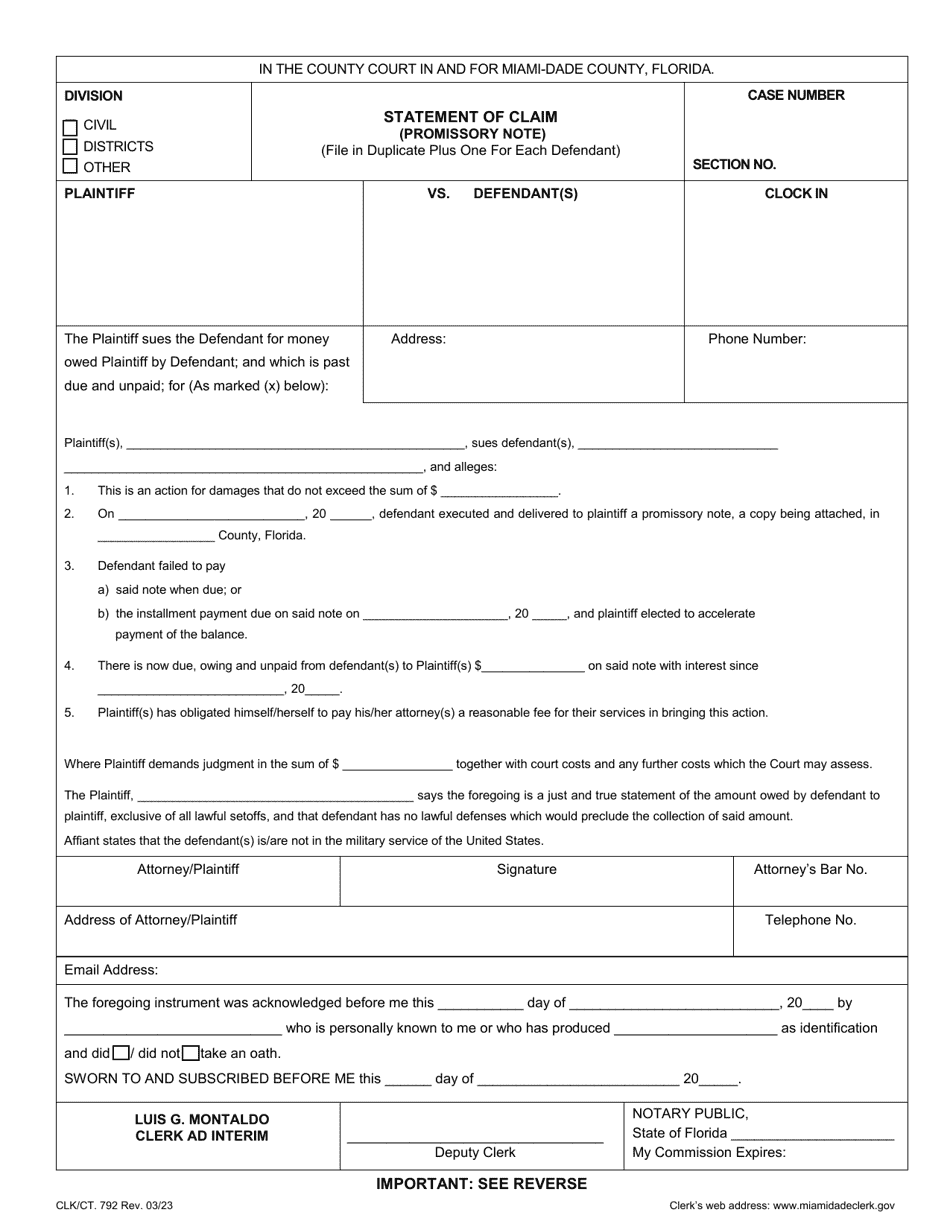 Form CLK / CT.792 Statement of Claim (Promissory Note) - Miami-Dade County, Florida, Page 1