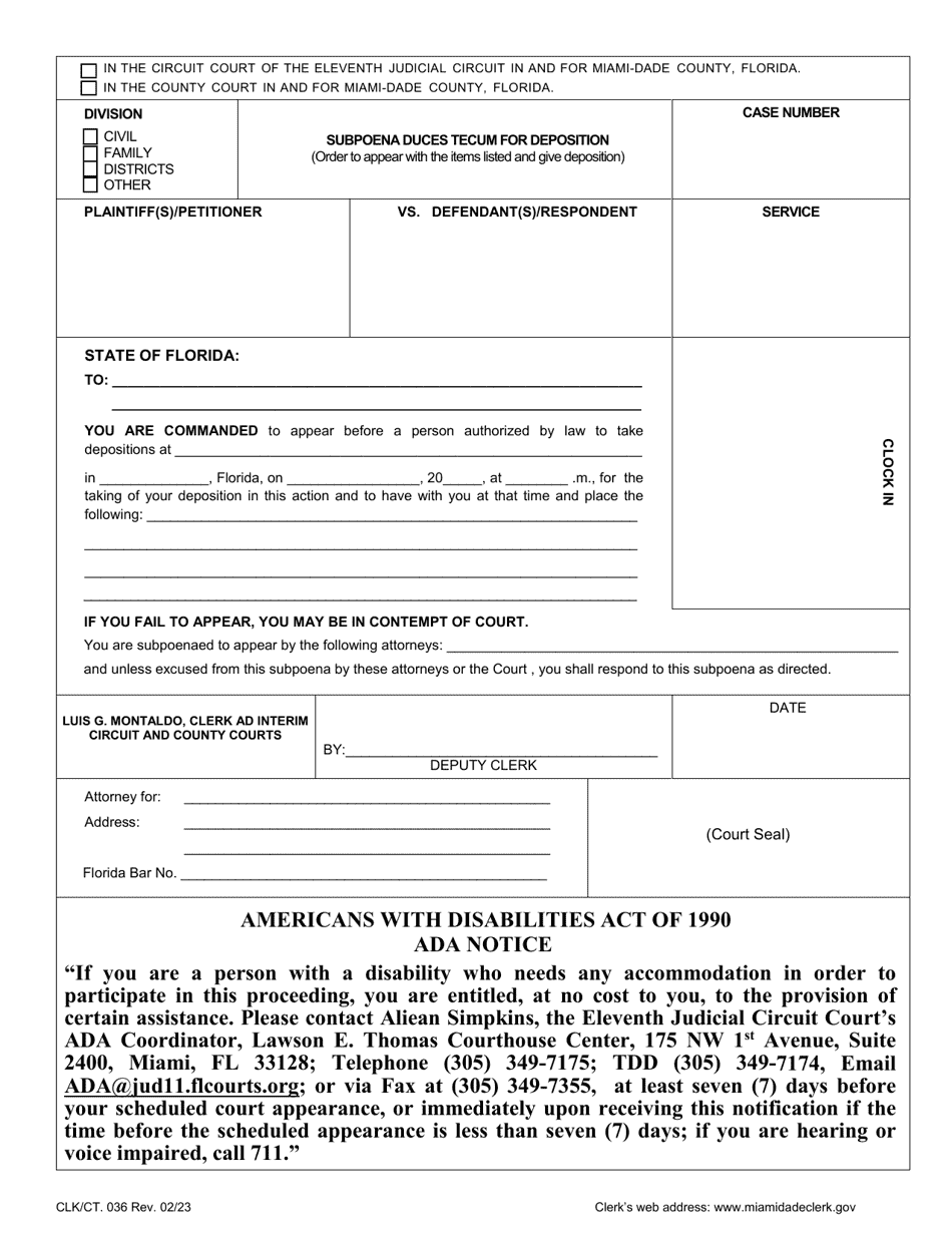 Form CLK / CT.036 Subpoena Duces Tecum for Deposition - Miami-Dade County, Florida, Page 1