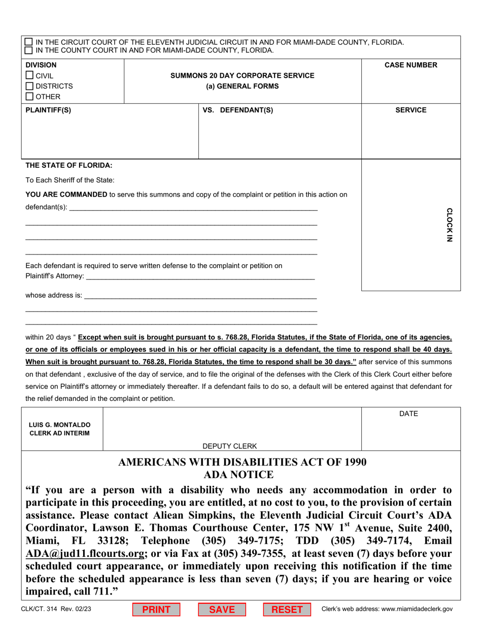 Form CLK / CT.314 Summons 20 Day Corporate Service - (A) General Forms - Miami-Dade County, Florida, Page 1