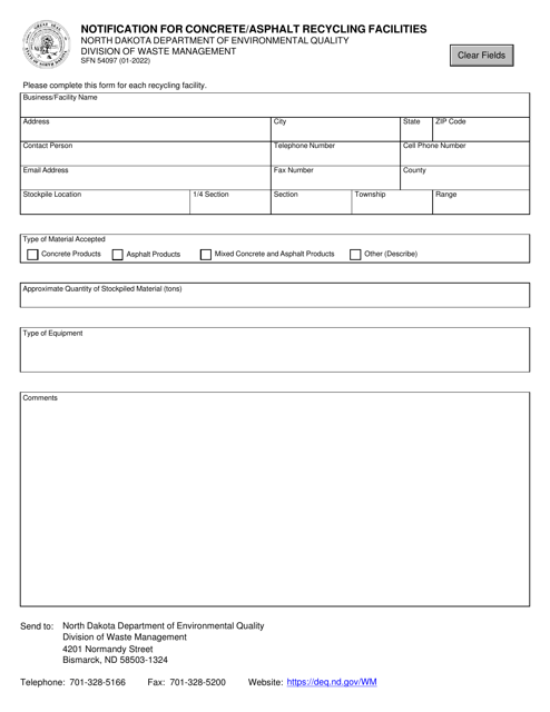 Form SFN54097 Notification for Concrete/Asphalt Recycling Facilities - North Dakota