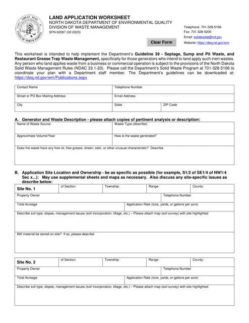 Form SFN62287 Land Application Worksheet - North Dakota