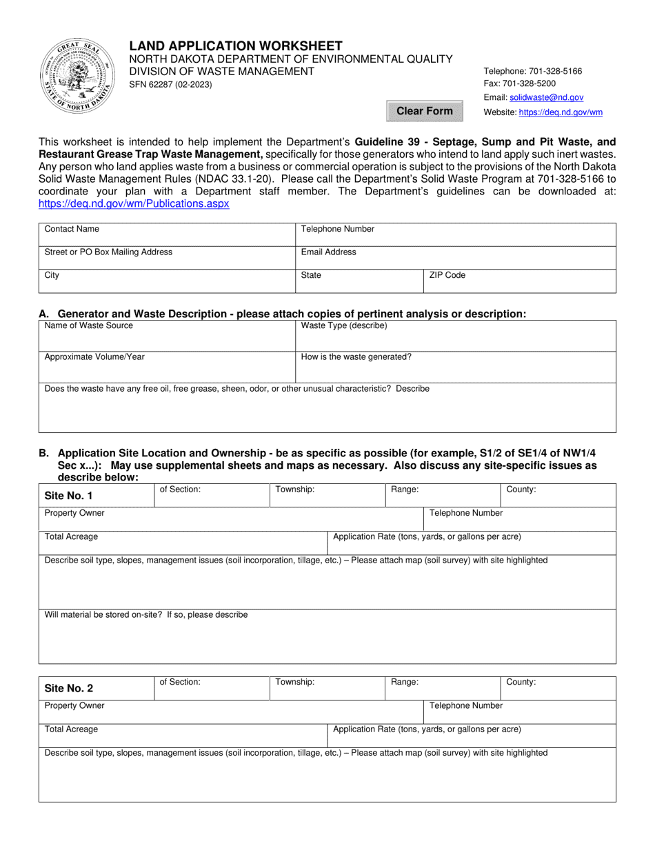 Form SFN62287 Land Application Worksheet - North Dakota, Page 1