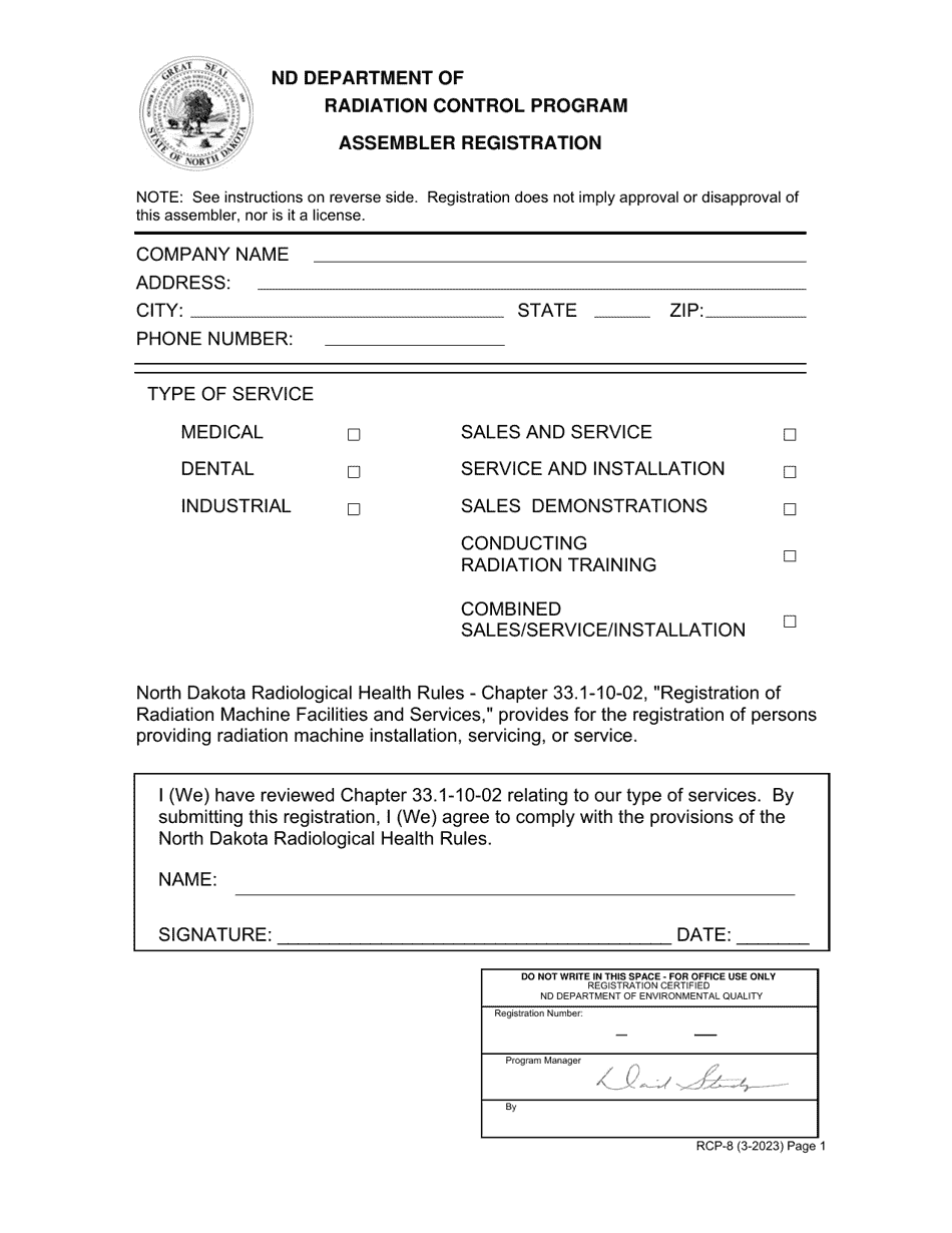 Form RCP-8 Assembler Registration - Radiation Control Program - North Dakota, Page 1