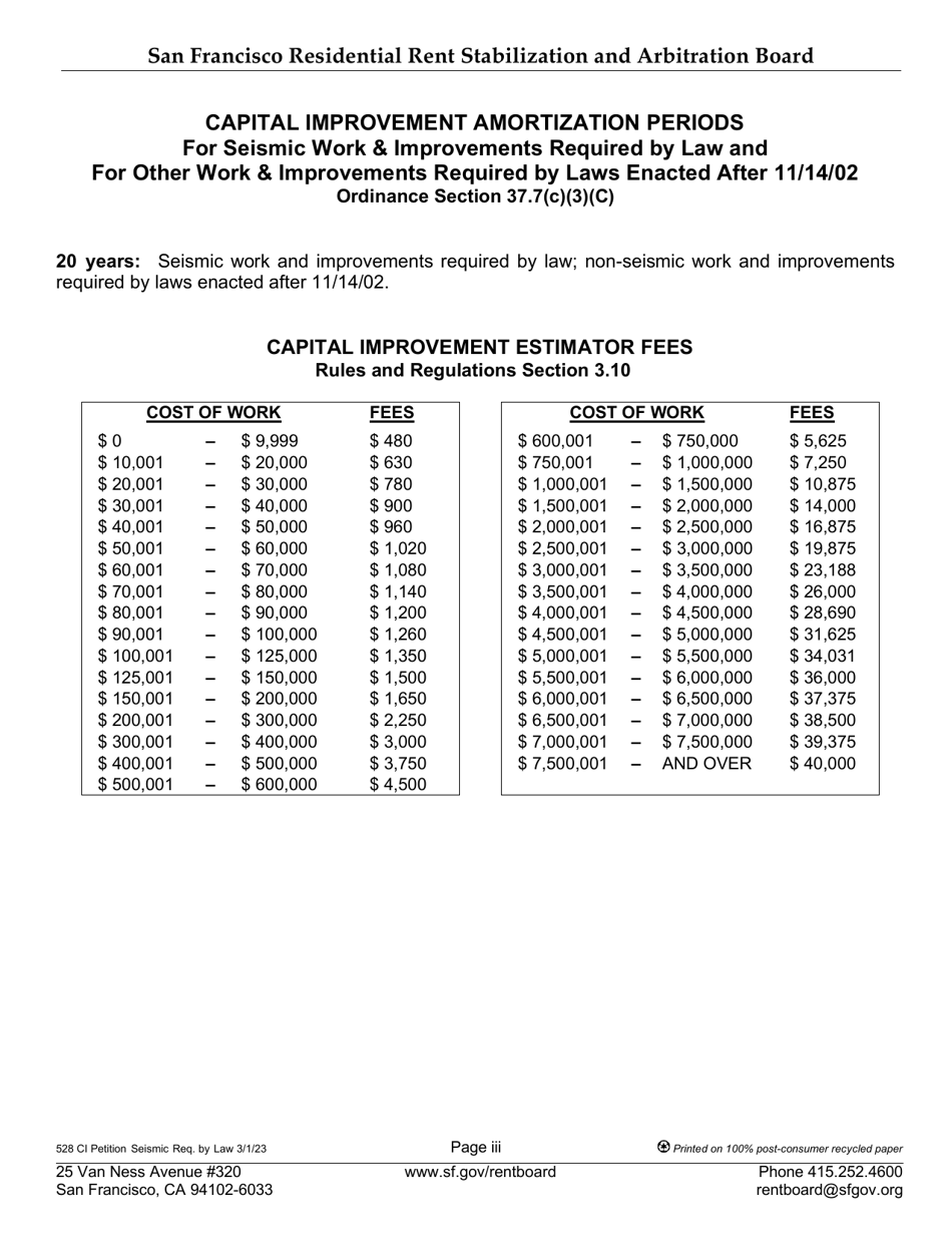 Form 528 Capital Improvement Petition: Seismic and Other Work Required by Law - City and County of San Francisco, California, Page 3