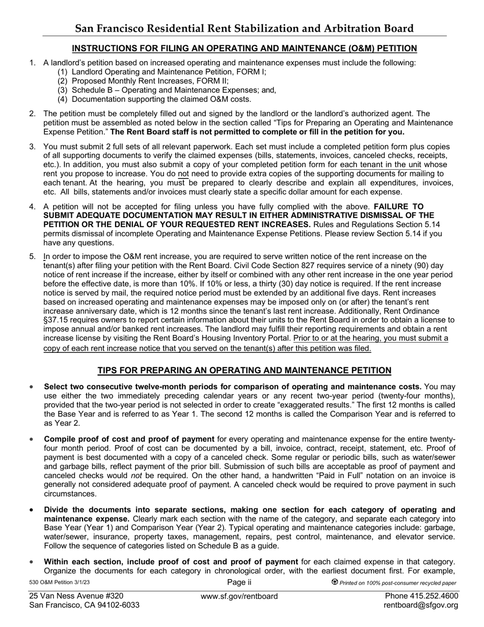 Form 530 Landlord Operating and Maintenance (Om) Petition - City and County of San Francisco, California, Page 2
