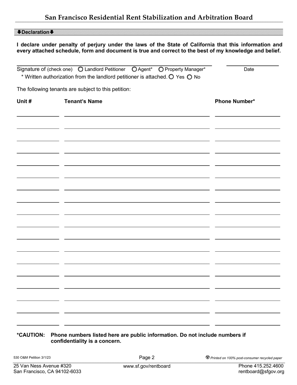 Form 530 Landlord Operating and Maintenance (Om) Petition - City and County of San Francisco, California, Page 5