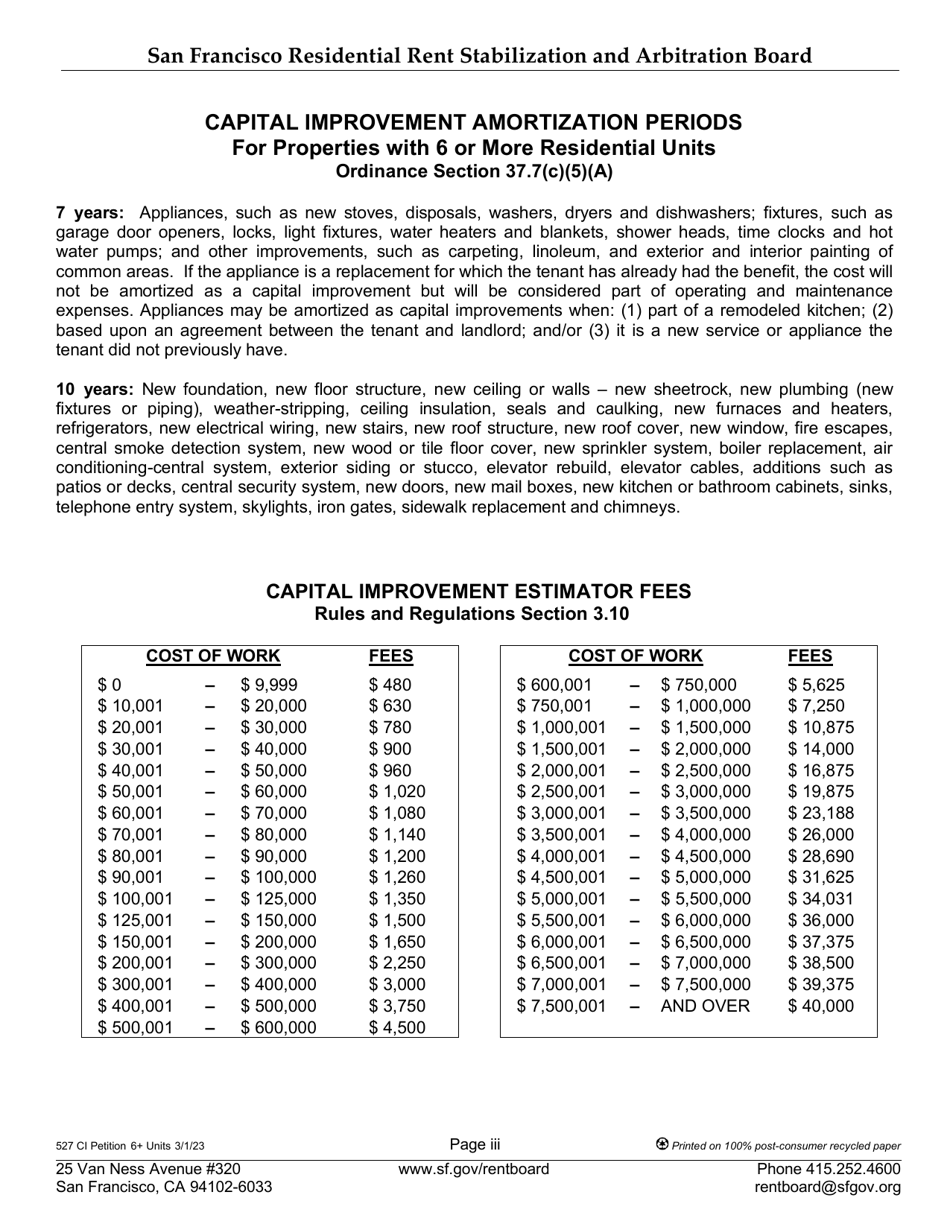 Form 527 Capital Improvement Petition for Properties With 6 or More Residential Units - City and County of San Francisco, California, Page 3