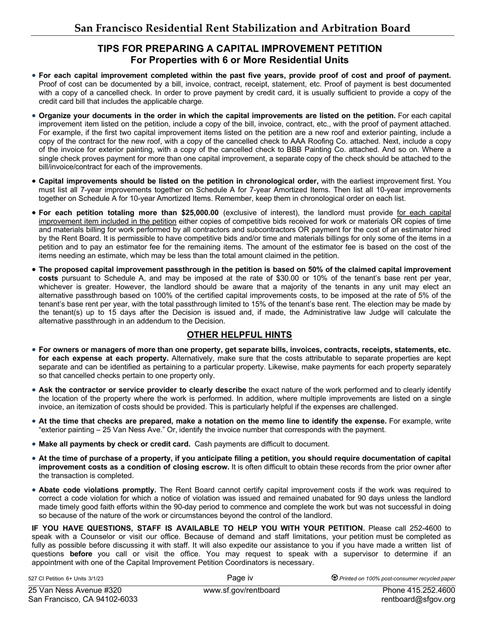 Form 527 Capital Improvement Petition for Properties With 6 or More Residential Units - City and County of San Francisco, California, Page 4