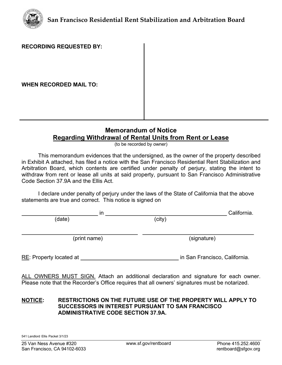 Form 541 Ellis Act Forms (Withdrawal of Residential Units From Rental Market) - City and County of San Francisco, California, Page 6