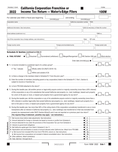 Form FTB100W California Corporation Franchise or Income Tax Return - Water's-Edge Filers - California, 2022