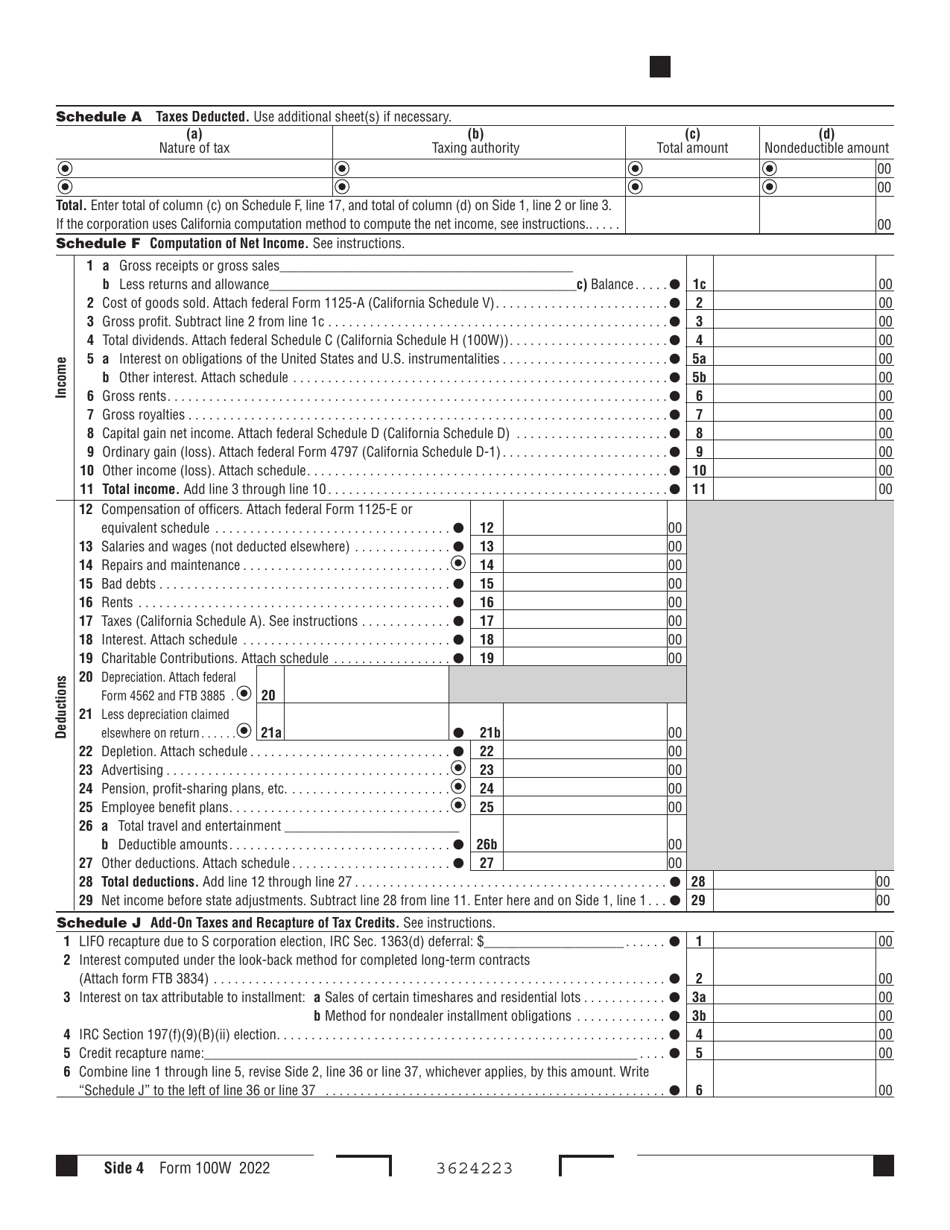 Form FTB100W California Corporation Franchise or Income Tax Return - Waters-Edge Filers - California, Page 4