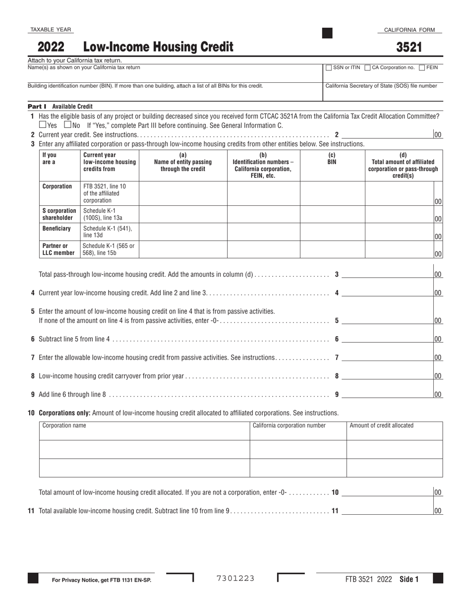 Form FTB3521 Download Fillable PDF or Fill Online Housing