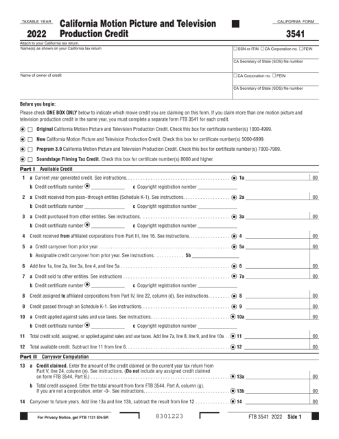Form FTB3541 California Motion Picture and Television Production Credit - California, 2022