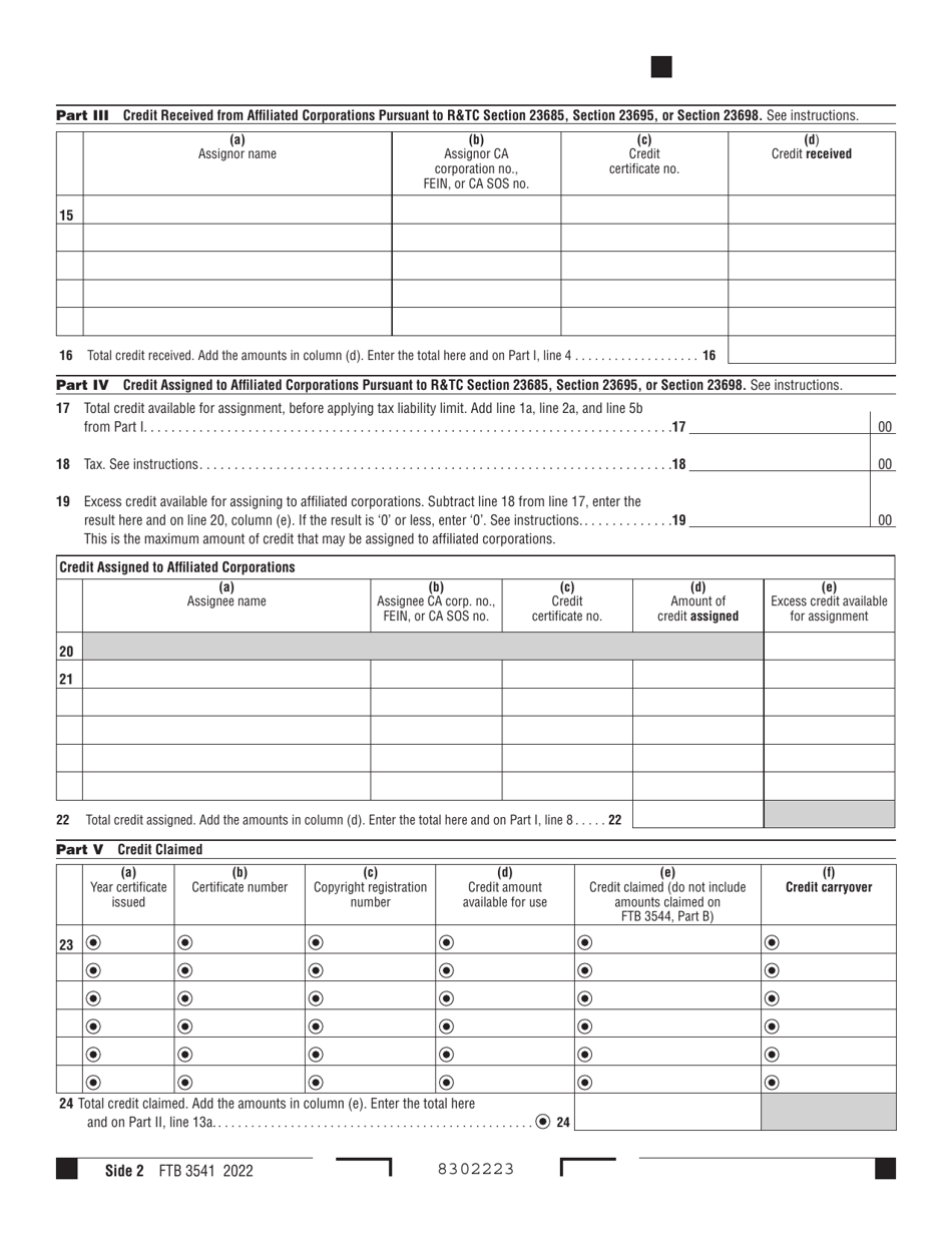 Form FTB3541 California Motion Picture and Television Production Credit - California, Page 2