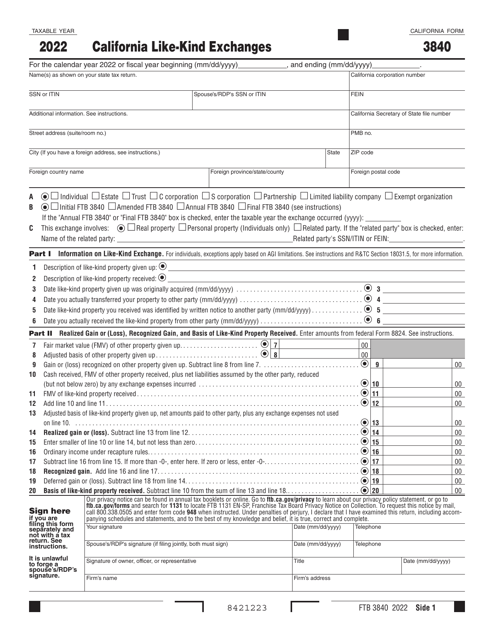 Form FTB3840 California Like-Kind Exchanges - California, 2022