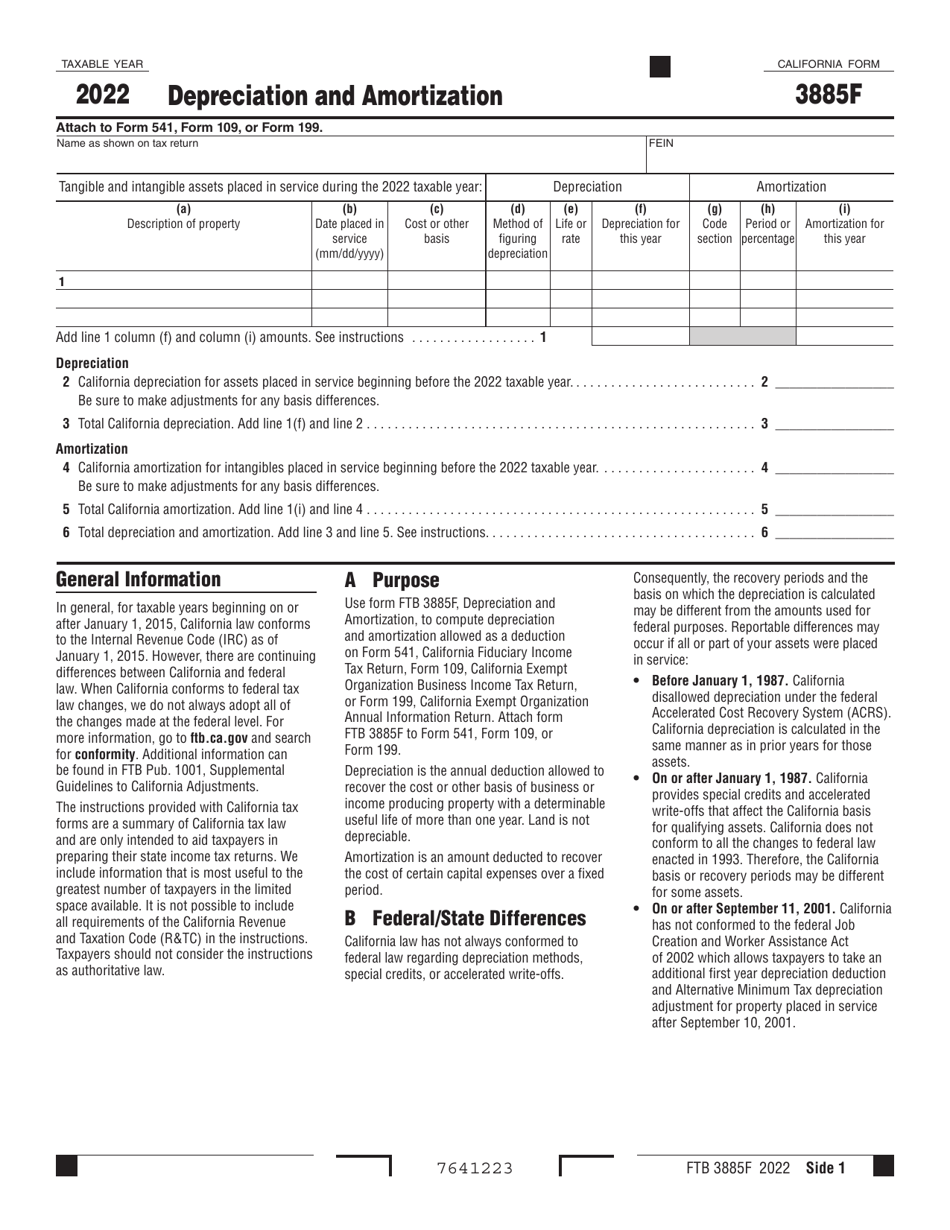 Form 3885F Depreciation and Amortization - California, Page 1