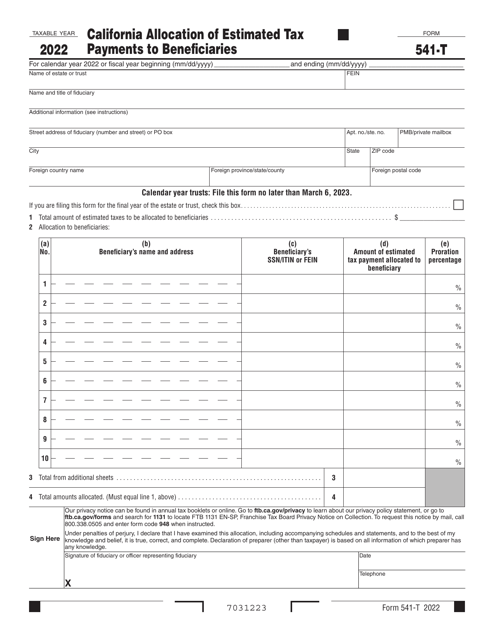 Form 541-T California Allocation of Estimated Tax Payments to Beneficiaries - California, 2022