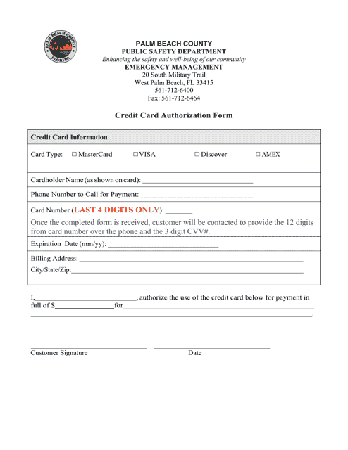 Credit Card Authorization Form - Palm Beach County, Florida