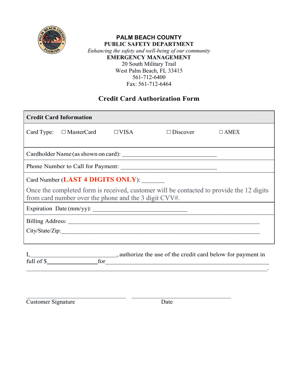 Credit Card Authorization Form - Palm Beach County, Florida, Page 1
