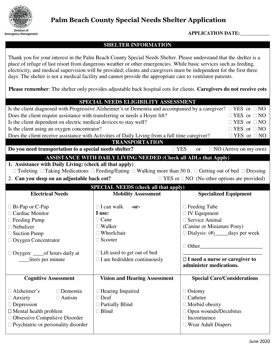 Palm Beach County Special Needs Shelter Application - Palm Beach County, Florida, Page 1