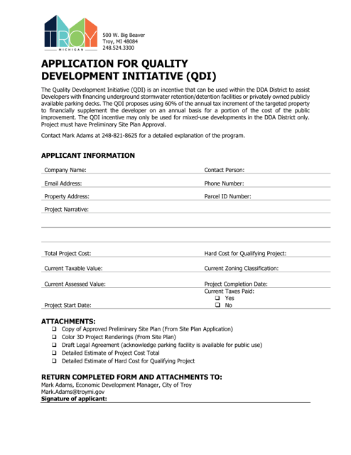 Application for Quality Development Initiative (Qdi) - City of Troy, Michigan