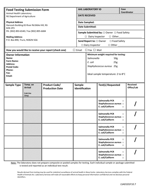 Form LSAD101F10.7 Food Testing Submission Form - Nova Scotia, Canada