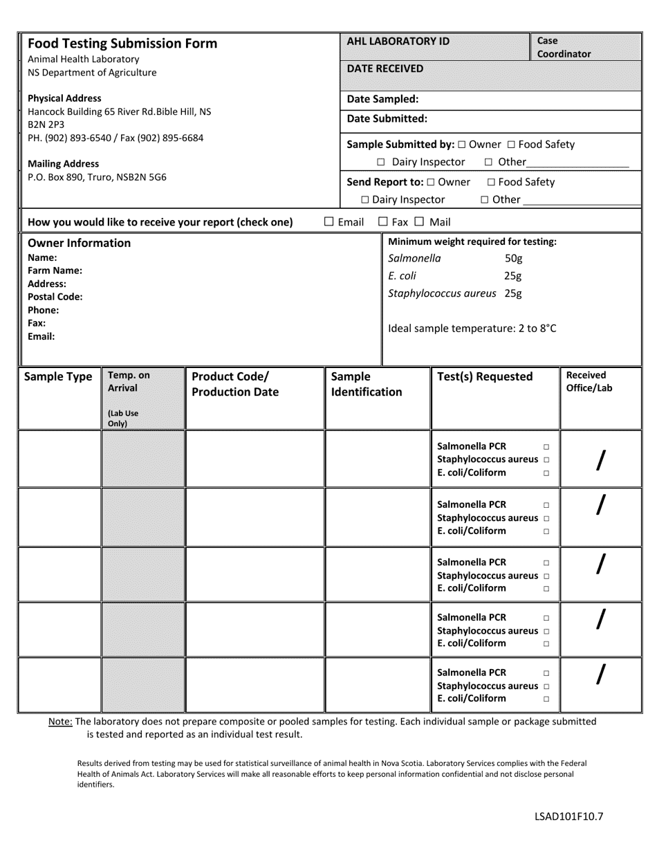 Form LSAD101F10.7 Food Testing Submission Form - Nova Scotia, Canada, Page 1