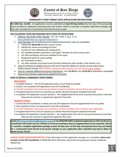 Community Event Permit (Cep) Application - County of San Diego, California Download Pdf