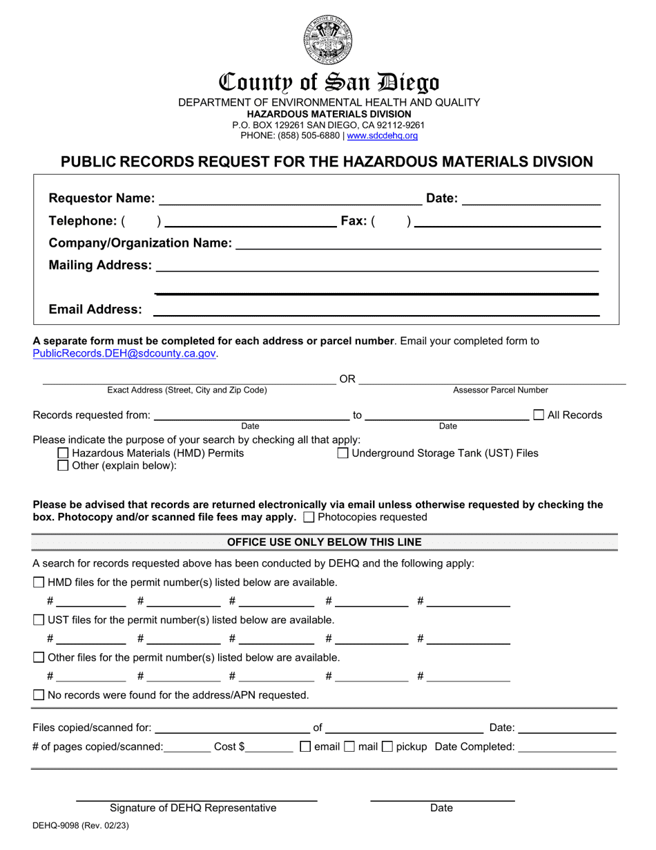 Form DEHQ-9098 Public Records Request for the Hazardous Materials Divsion - County of San Diego, California, Page 1
