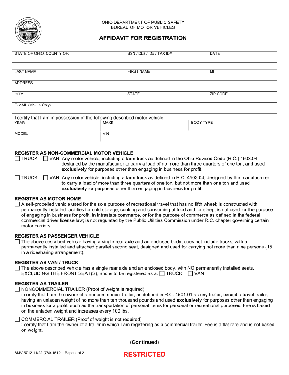 Form BMV5712 Affidavit for Registration - Ohio, Page 1
