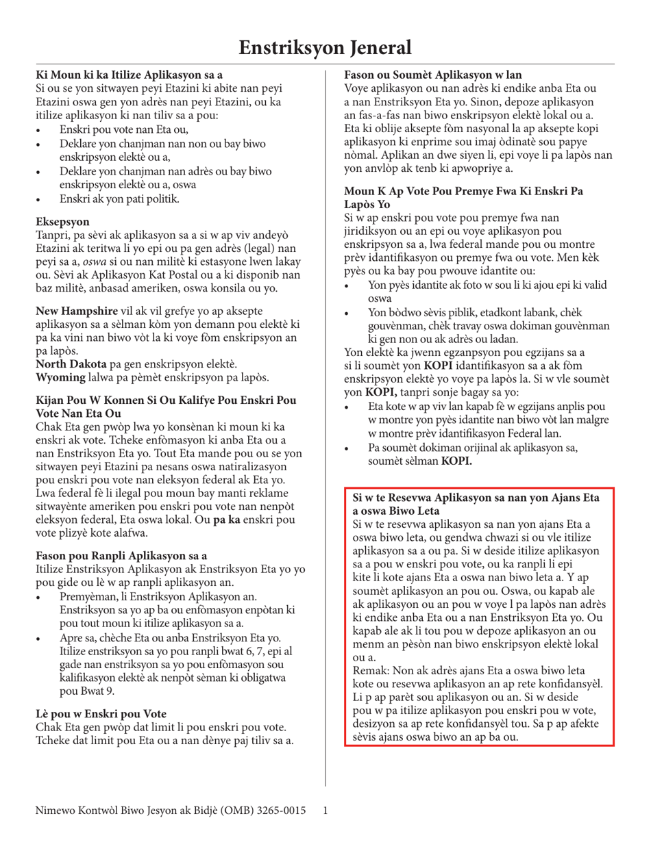 National Mail Voter Registration Form (English / Haitian Creole), Page 2