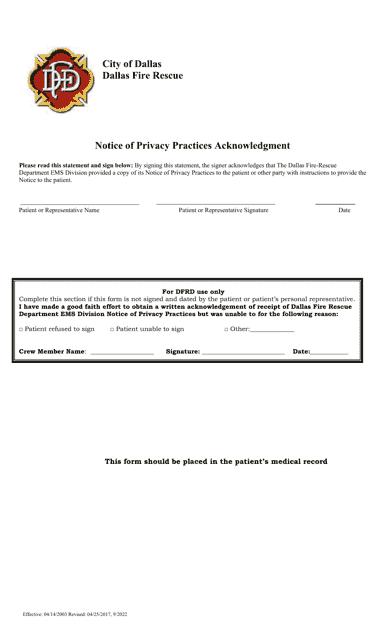 Notice of Privacy Practices Acknowledgment - City of Dallas, Texas