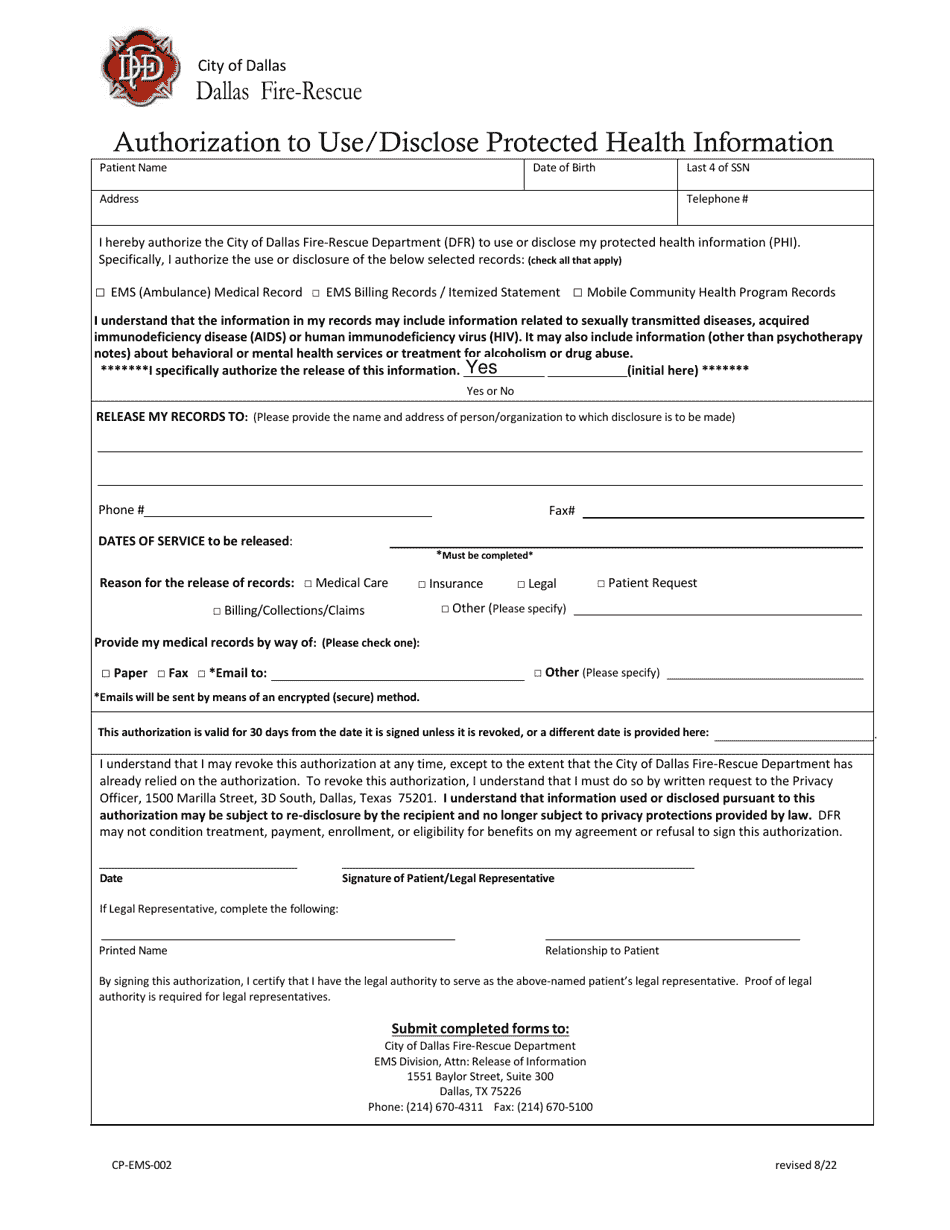 Form CP-EMS-002 Authorization to Use / Disclose Protected Health Information - City of Dallas, Texas, Page 1