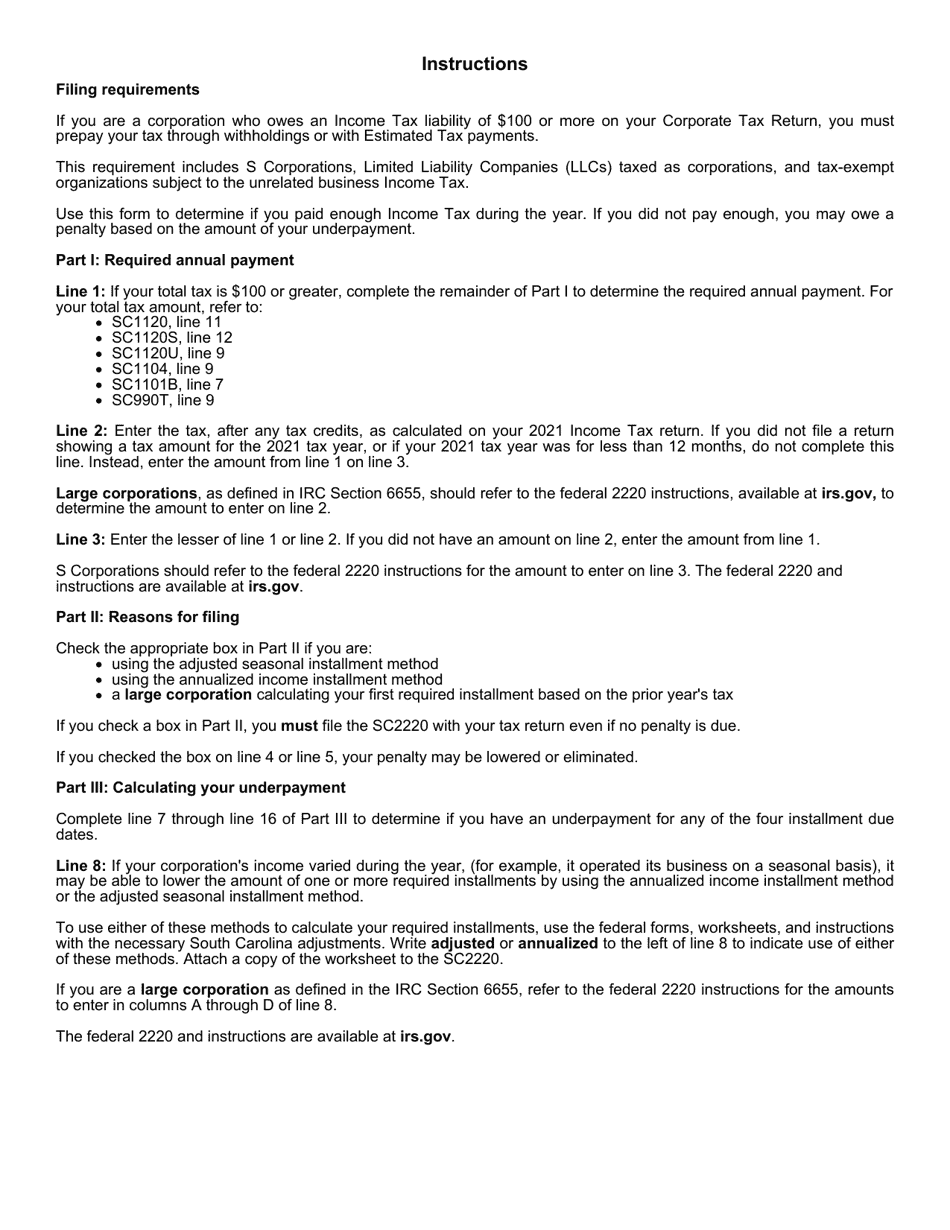 Form SC2220 Underpayment of Estimated Tax by Corporations - South Carolina, Page 3