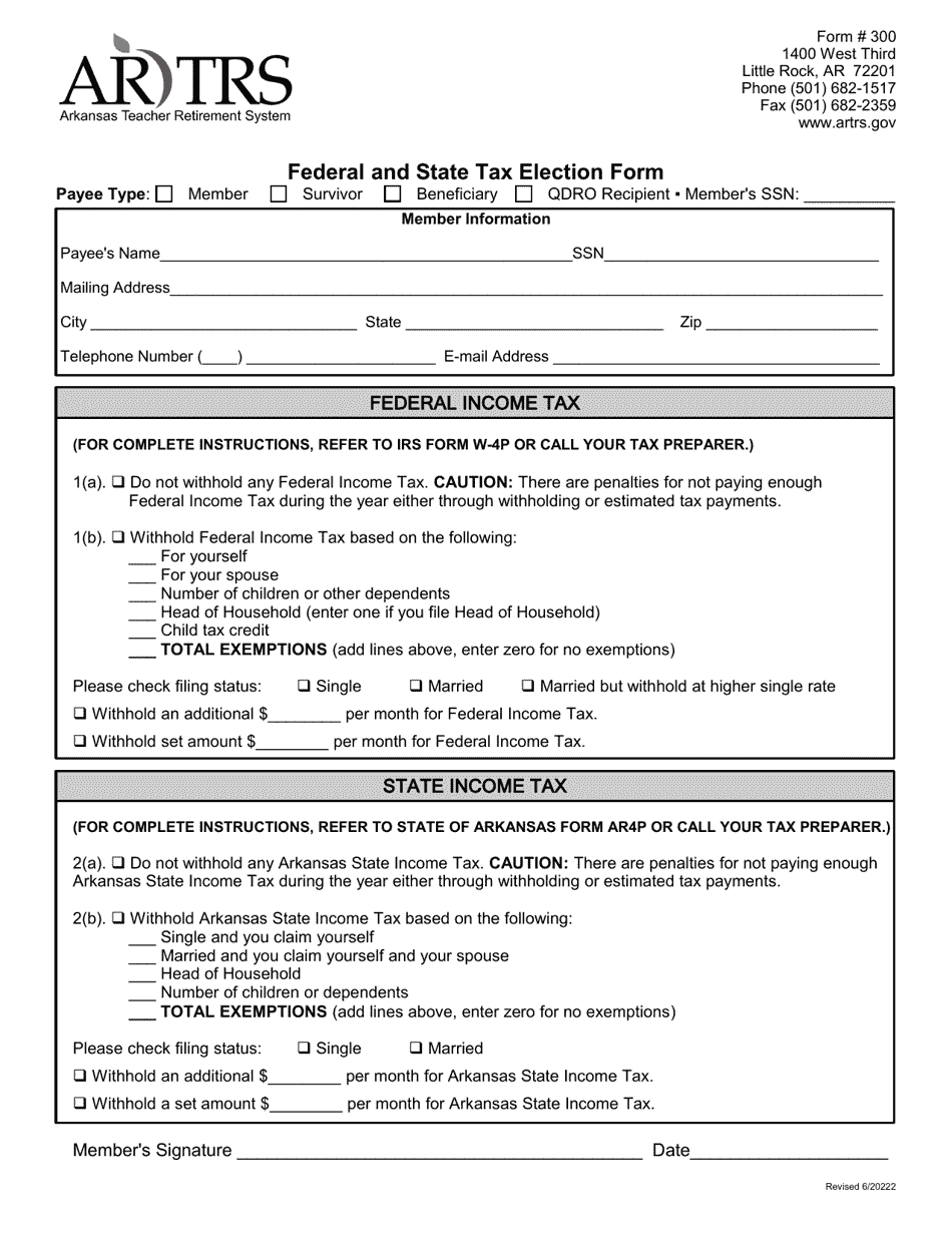 Form 300 Federal and State Tax Election Form - Arkansas, Page 1
