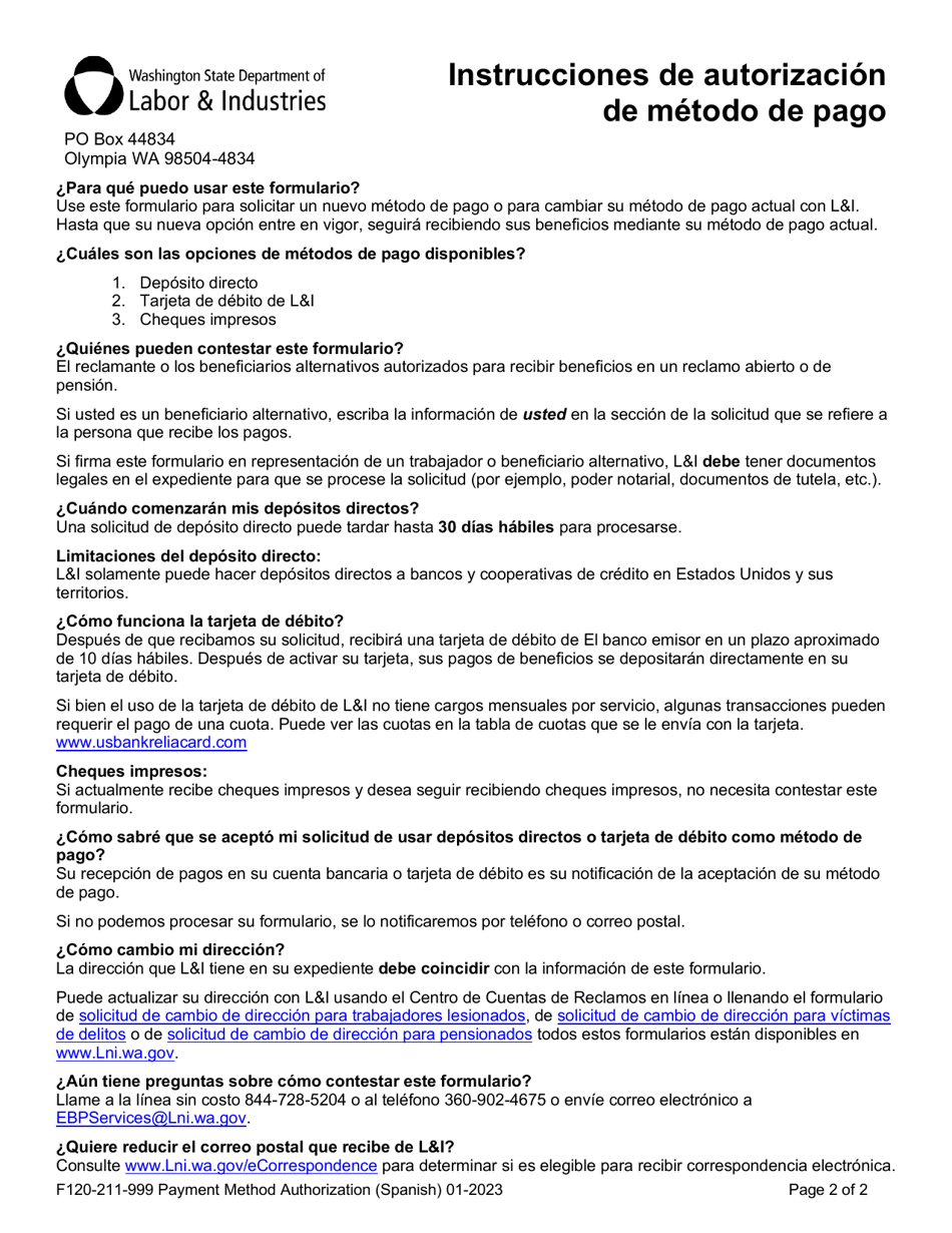 Formulario F120-211-999 Formulario De Autorizacion De Metodo De Pago - Washington (Spanish), Page 2