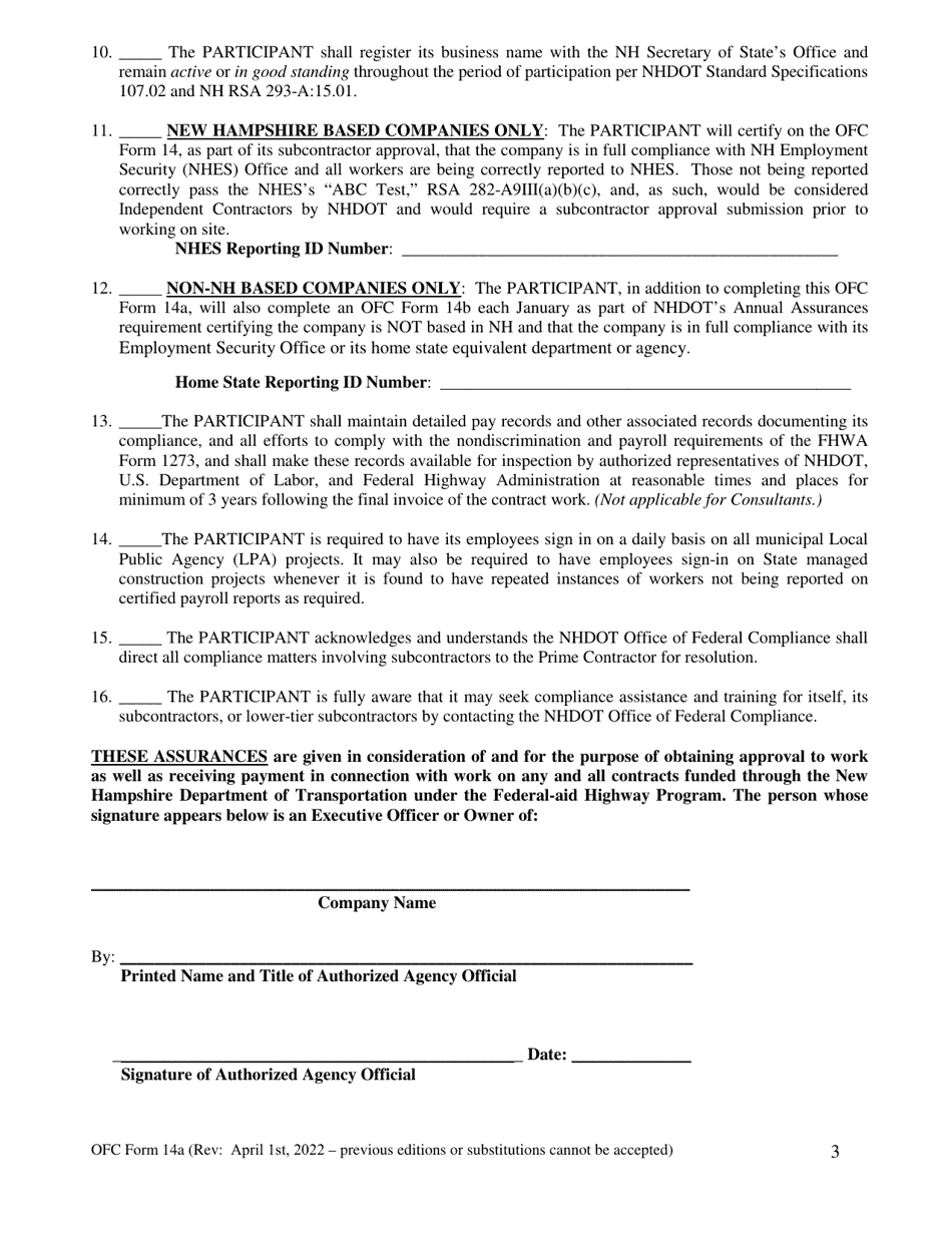 OFC Form 14A Annual Contractor Assurances Federal-Aid Contracts - New Hampshire, Page 3
