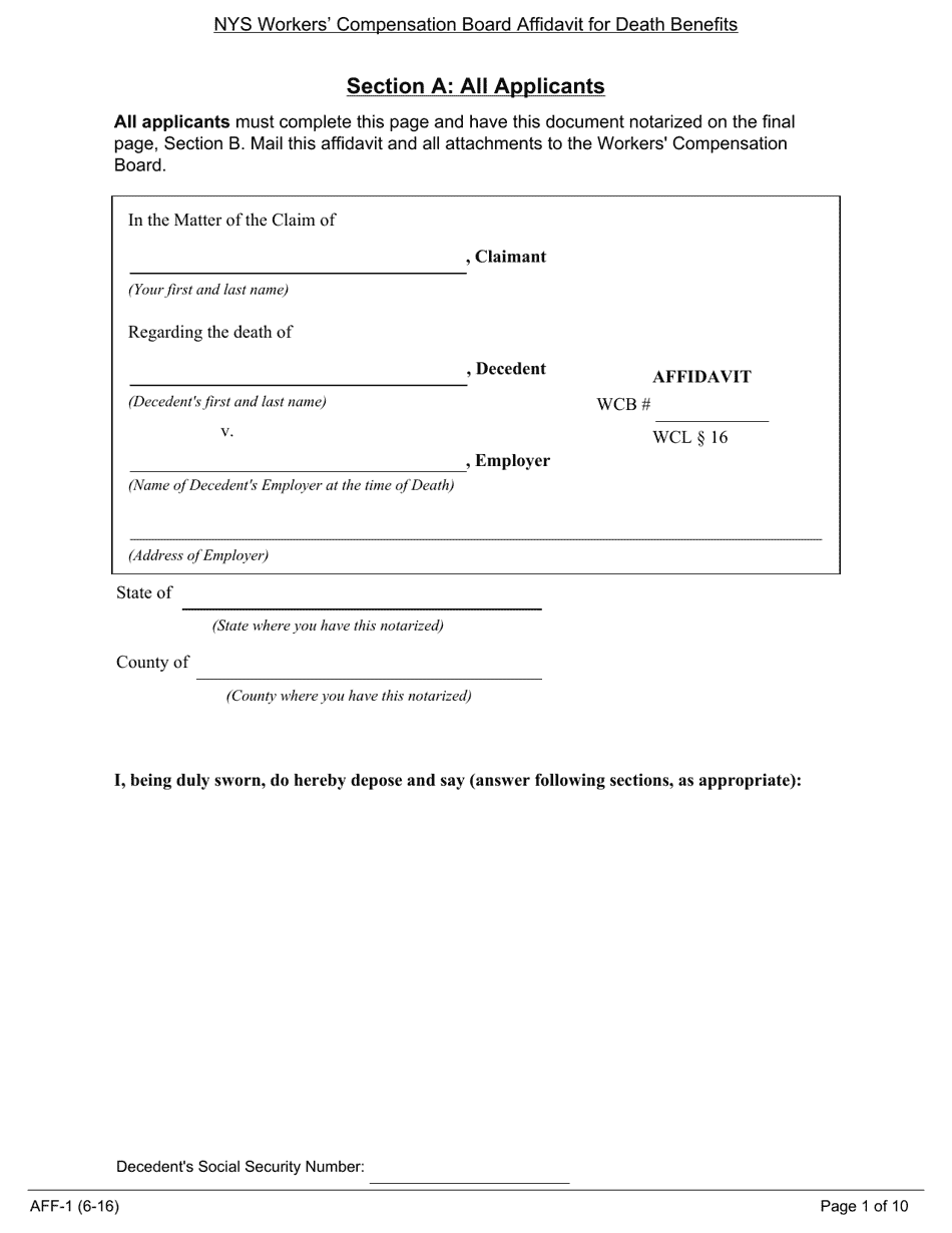 Form AFF-1 NYS Workers Compensation Board Affidavit for Death Benefits - New York, Page 2