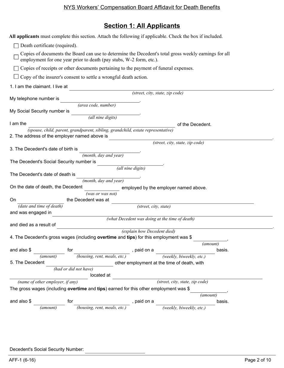 Form AFF-1 NYS Workers Compensation Board Affidavit for Death Benefits - New York, Page 3