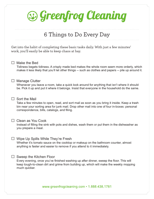 6 Things to Do Everyday Cleaning Checklist Template - Greenfrog Cleaning Download Pdf