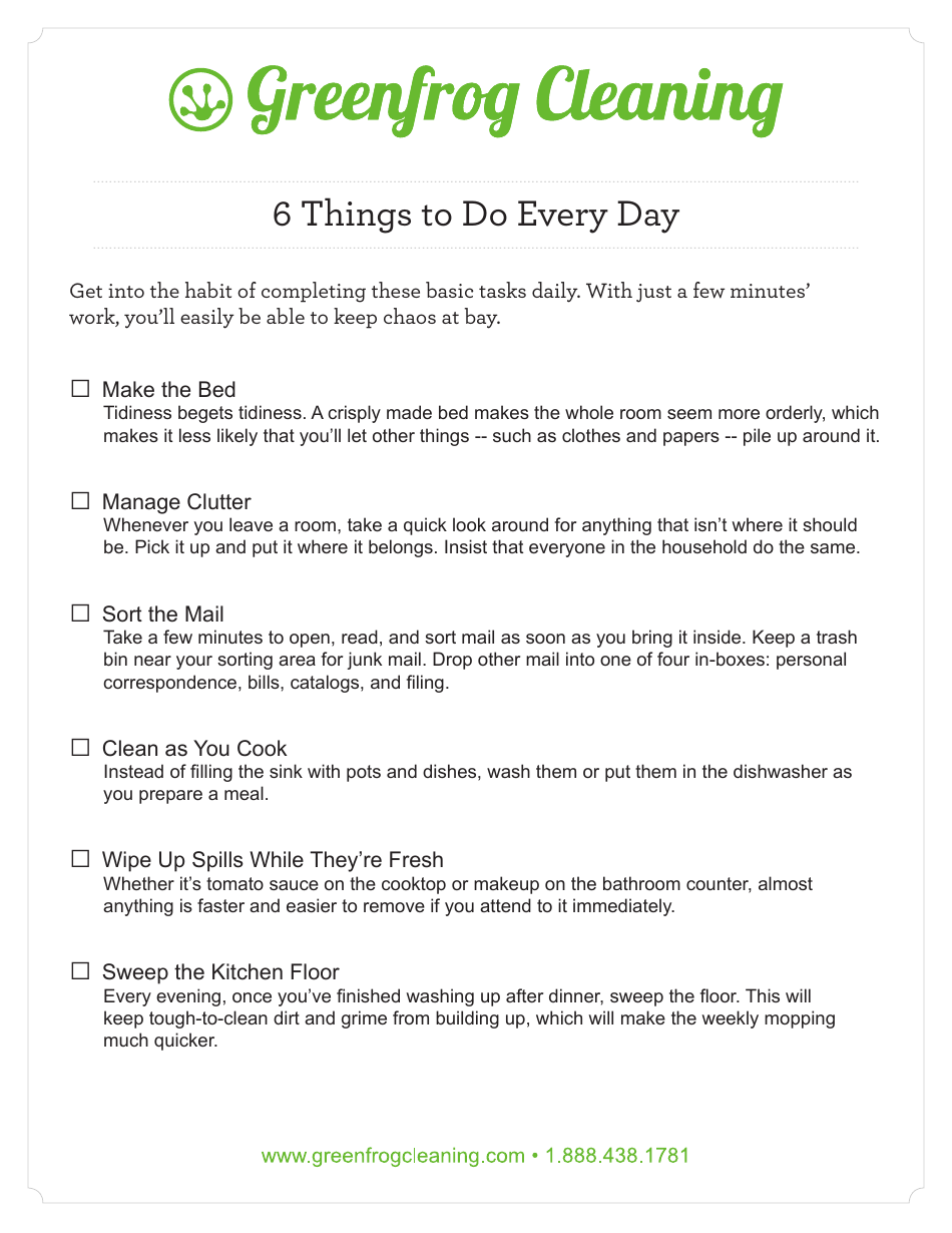 6 Things to Do Everyday Cleaning Checklist Template - Greenfrog Cleaning, Page 1