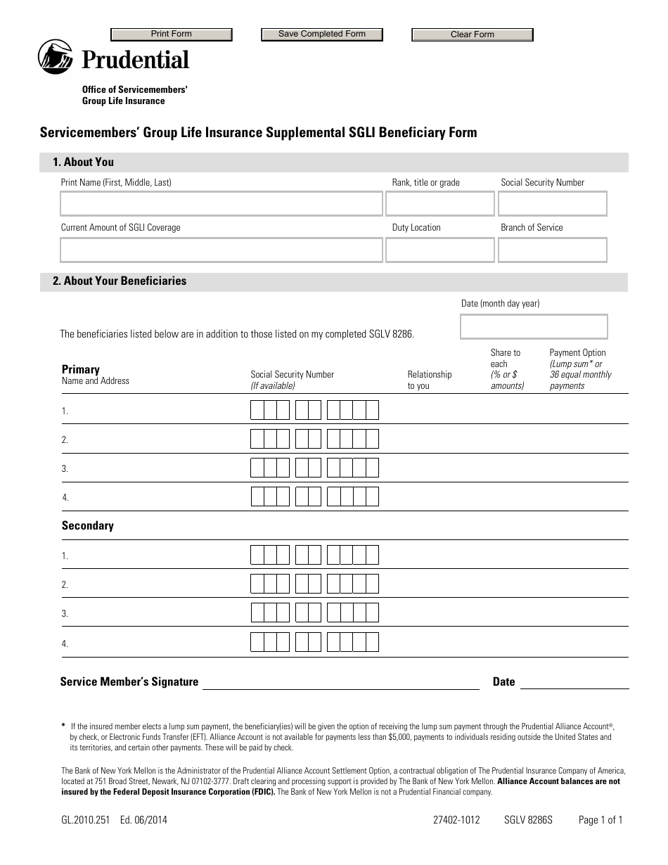 Form SGLV8286S Servicemembers Group Life Insurance Supplemental Sgli Beneficiary Form - Prudential Insurance Company of America, Page 1